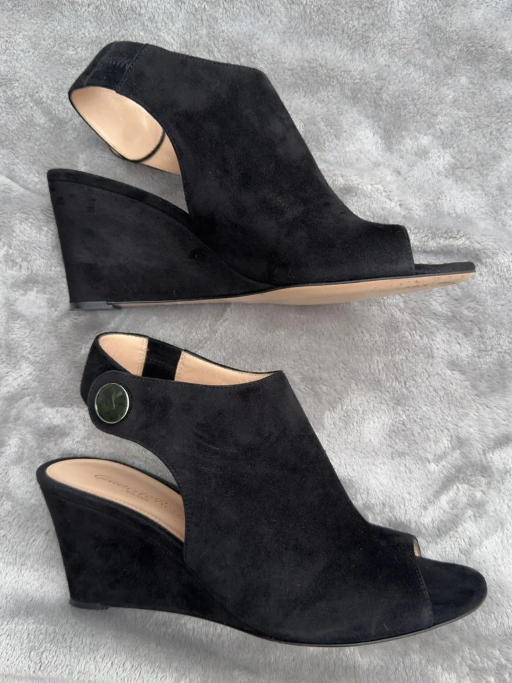 Gianvito Rossi Black Suede Wedge Peep-Toe Slingback Sandals